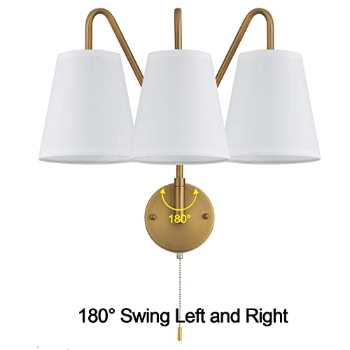 PASSICA DECOR Hardwired Wall Sconces Set of Two 2 Pack with Pull Chain ON Off Matte Black Swing Arm Lighting Modern Vintage Lamp Industrial White Fabric Wall Light for Bedroom Farmhouse Living Room
